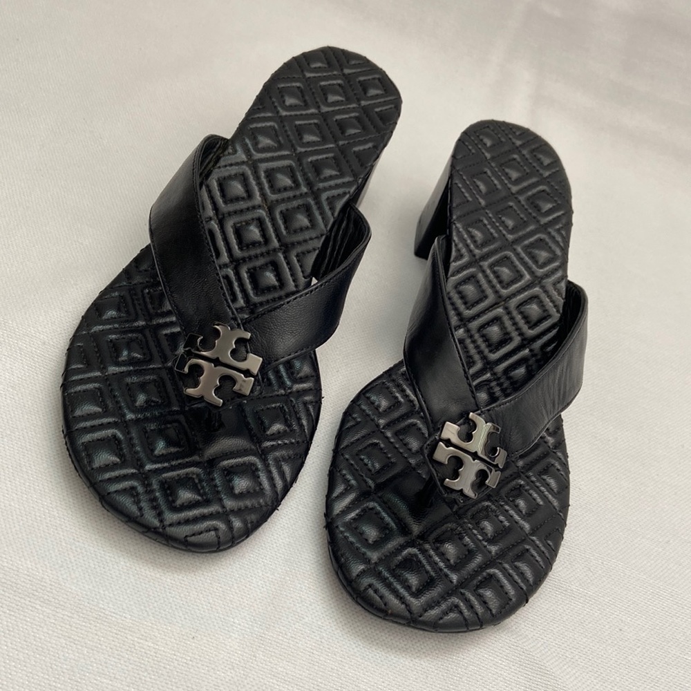 Tory Burch Maybell Block Heel Black Thong Sandals Size 7M